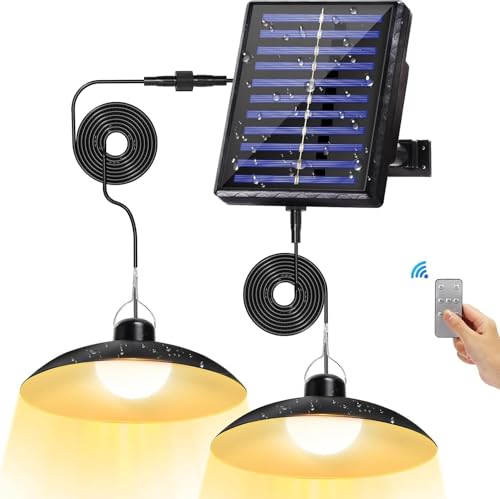 Solar Pendant Light Outdoor, LED Shed Light with Remote Control, IP65 Waterproof, 3 Brightness Levels, Hanging Chicken Coop Light for Barn, Gazebo, Patio, Shop, Garage, Outside (Black - 2 Light)