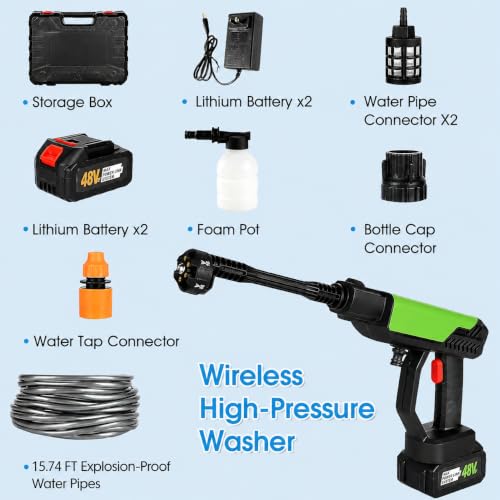 Image of (Double Battery) Cordless Portable Wireless Pressure Washer Gun 48V 12000mAh High Pressure Water Gun for Car Wash & Bikes Cleaning with Adjustable Nozzles & Charger and 5M Hose Pipe