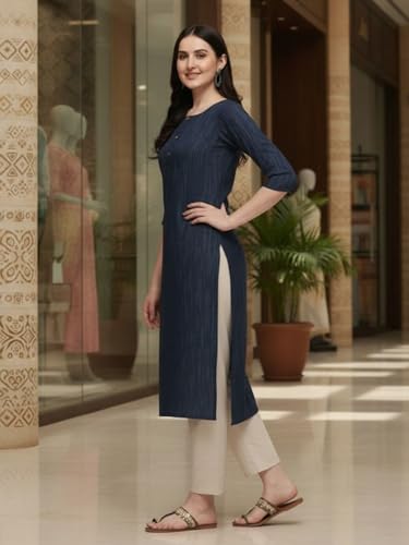 Image of Saanjh Women's Fit Straight Cotton Blend Long Kurta, 3 /4 Sleeve, Knee Length Kurtis, Casual and Office Wear