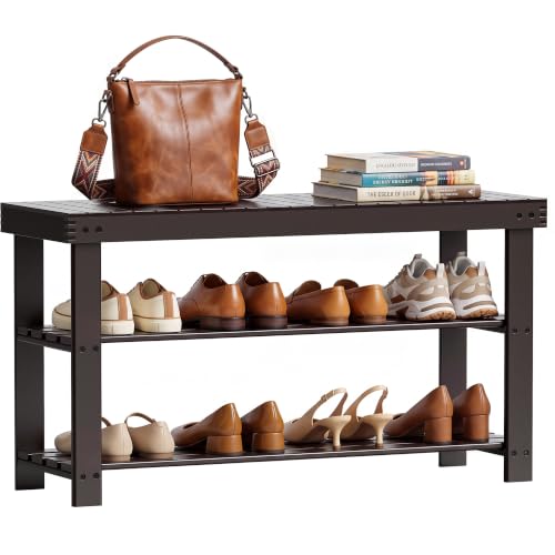 Image of SMIBUY Sturdy Bamboo Shoe Rack Bench, 3-Tier Shoe Organizer, Storage Shelf for Entryway Hallway Bathroom Living Room (Dark Brown)