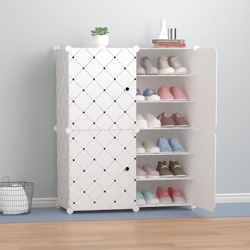 Image of YASONIC Plastic Shoe Rack for Home with Door, 4-Door Shoe Storage Cabinet | 12-Shelfs for 24 Pairs | Waterproof & Portable DIY Shoe Slipper & Chappal Stand for Entryway /Bedroom (White-A6)