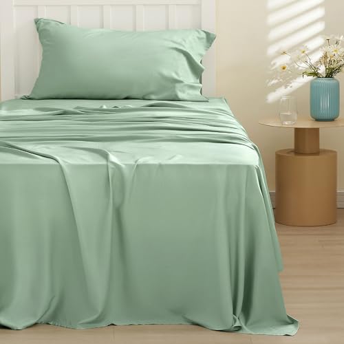 Image of Bedsure Cooling Sheets Twin, Rayon Derived from Bamboo, PureWoven, Breathable & Soft Twin Sheets Set, Deep Pocket Up to 16 Inches, Hotel Luxury Silky Bedding for Hot Sleepers, Sage Green