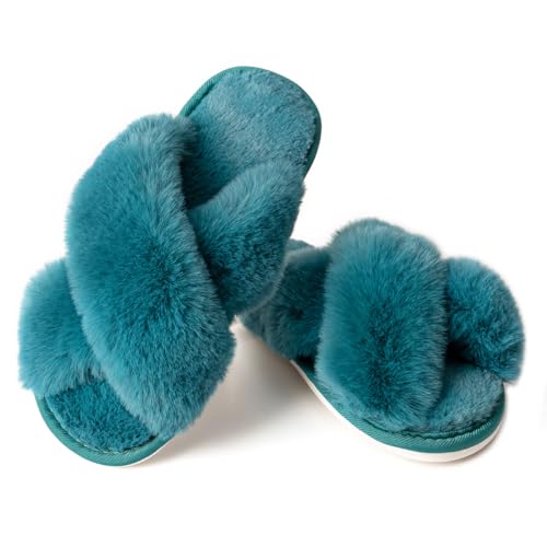 Image of Enteer Women's Slipper Memory Foam Cross Band Fuzzy Slippers Open Toe Cozy House Slippers Cozy Plush Bedroom Indoor Outdoor