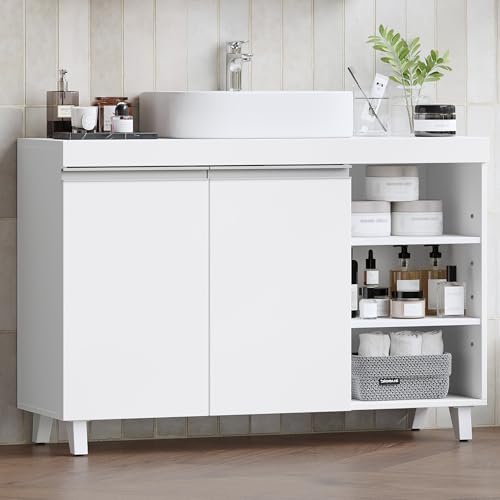 Hzuaneri Waschbeckenunterschrank, Badezimmerschrank mit 2 Türen und 3 offene Fächer, Unterschrank mit verstellbaren Ablagen, Freistehend Waschtischunterschrank, 30 x 90 x 64 cm, Weiß BC28903X