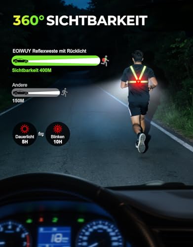EOIWUY 800 Lumen Ultraleuchtstarkes Lauflampe Joggen mit Rücklicht, 7+2 Lichtmodi Lauflicht, 45° Lichtstrahl & 360°-Reflektorband Brustlampe, IPX4 Wasserdicht, USB Aufladbar, Laufzeit 4-25 Stunden