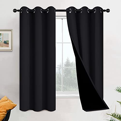 Image of Yakamok 100% Blackout Lined Pair Curtains for Bedroom, Window Treatment Thermal Insulated Noise Blocking Drapes for Living Room(42Wx63L,Black, 2 Panels) | Blackout Curtain Panels for Bedroom, 2 Thick Layers Grommet Top Thermal Insulated Drapes with Black Liner for Living Room