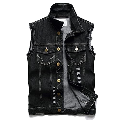 Image of Denim Vest Men Lapel Sleeveless Slim Fit Retro Ripped Casual Jean Vest for Men's