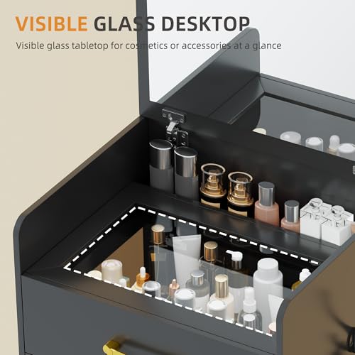 Gurexl 3 in 1 Vanity Desk with Flip Top Mirror for Bedroom,Small Compact Vanity with Visible Glass Desktop for Cloakroom,Makeup Vanity Set with 3 Drawers,Cushioned Stool,Black