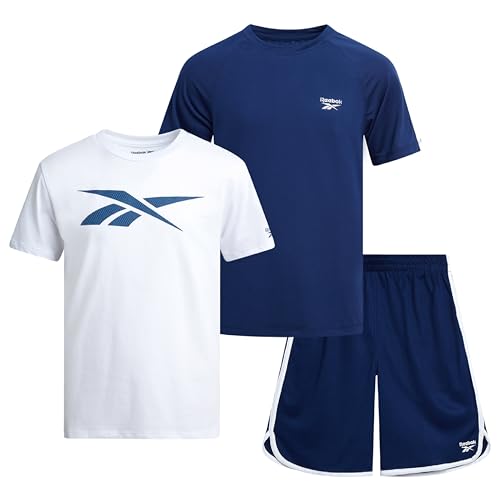 Image of Reebok Boys Athletic Shorts Set - 3 Piece Summer Clothes Outfit with Graphic Tees and Boys Running Shorts for Active Kids