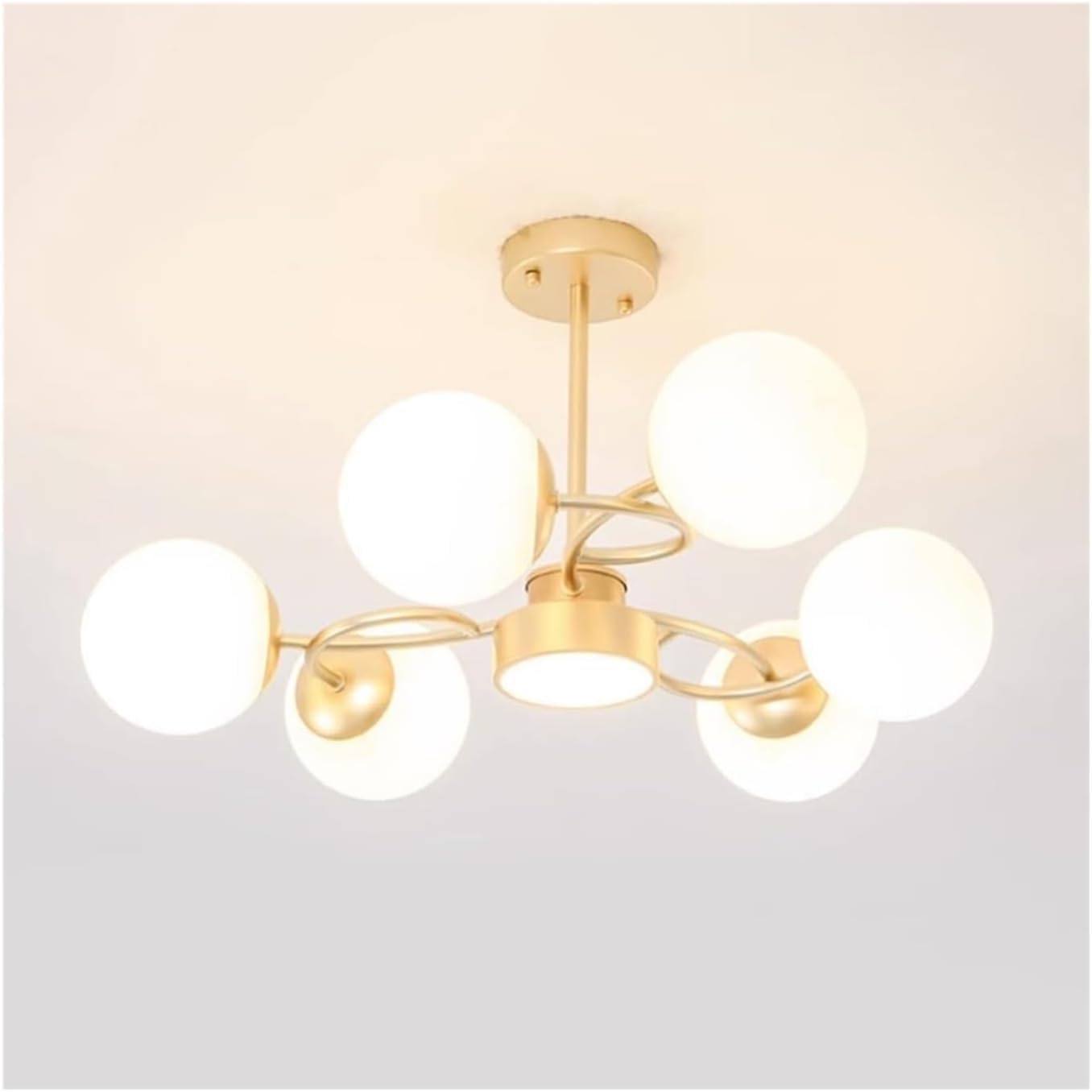 Plafonnier semi-encastré or clair à 6 globes en verre blanc opale pour entrée