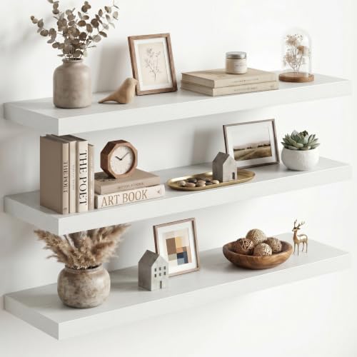 Image of Fun Memories Floating Shelves for Wall, 3 Pack 36 Inch Long Floating Shelves, 36 x 10 Wooden Shelves for Wall, Large Storage Shelves, Hanging Shelves for Bathroom Bedroom Kitchen, White