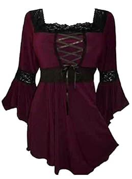 Qiangjinjiu Women's Bell Long Sleeve Lace up Pleated Pelum Tunic Blouse T Shirt Wine Red XL
