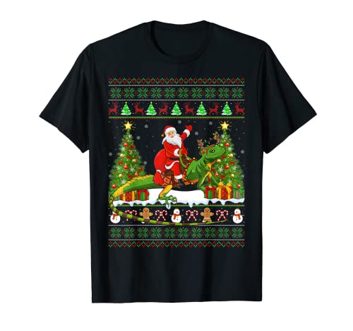 Gecko Lover Funny Ugly Santa Riding Gecko Christmas T-Shirt