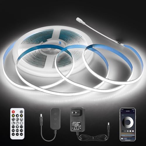 Image of Aclorol COB LED Strip Light 32.8FT 24V Cold White 6000K Dimmable Brightness | Flexibel LED Tape Lights with Power Supply and Remote, Dotless Light Strip for Kitchen Cabinet Mirror DIY Lighting Project