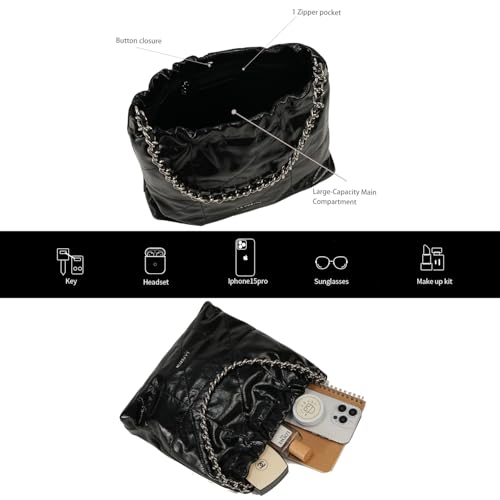 Image of LA FESTIN Genuine Leather Chain Hobo Bag for Women Trendy Crossbody Purse | Split Leather, Chain Strap, Adjustable Strap, Drawstring Closure, Large Capacity, Daily use