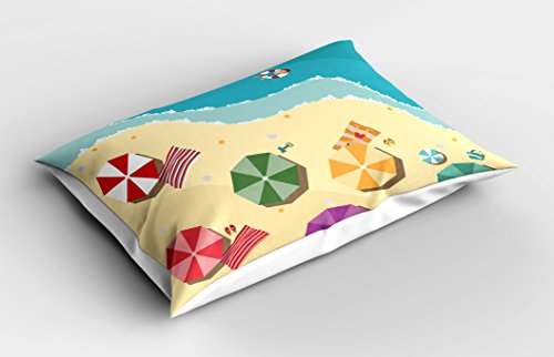 Lunarable Beach Pillow Sham, Boy Sunbathing in The Sea Exotic Summer Holiday Cartoon Style Beach with Umbrellas… - Image 3