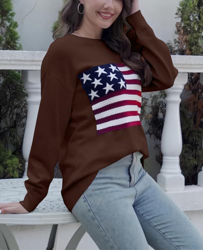Image of Dressmine Womens American Flag Knit Sweater Crew Neck Long Sleeve Pullover | Casual Loose Graphic Outfits, Fall Sweatshirts, Trendy Clothes, Cute Patriotic Shirt, 2026 Cozy Elasticity Winter Tops