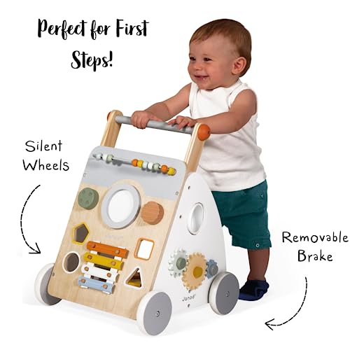 Janod - Sweet Cocoon Multi-Activity Laufwagen - Lauflernwagen aus Holz - 9 Aktivitäten - Leise Räder, Wasserbasierte Farben - Kinderspielzeug ab 1 Jahr, J04410