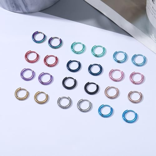 NEWITIN 12 Pairs Surgical Stainless Steel Hoop Earrings for Men Hypoallergenic Earring Huggie Cartilage Hoop Earring Set Colorful Small Hoop Earrings for Women Men3