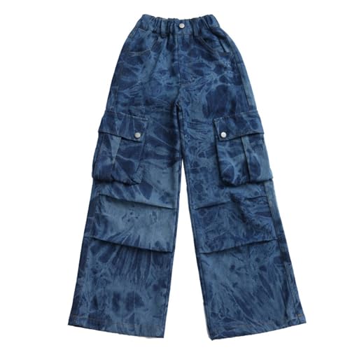 Girls Cargo Pants 𝗩intage Casual Wide Leg Elastic Waist Jeans Straight Leg Loose Denim Pants with Pockets