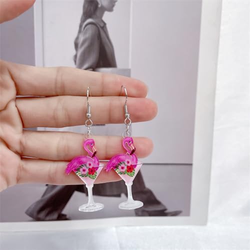 Cute Wine Glass Flamingo Flower Pink Dangle Drop Earrings for Women Teen Girls Dainty Lightweight Acrylic Animal Hook Statement Dangling Hanging Hypoallergenic Fashion Jewelry Party Valentine's Day4