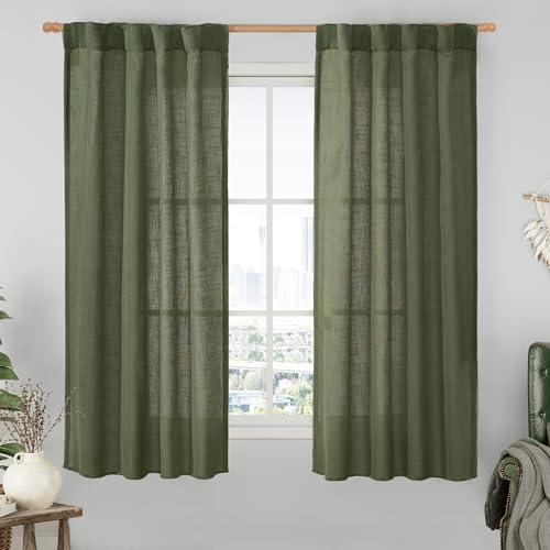 LAMIT Linen Curtains 60 Inch Length 2 Panels, Light Filtering Panels Back Tab and Rod Pocket Neutral Drapes for Bedroom/Window/Living Room, Olive Green, 34 x 60 Inch