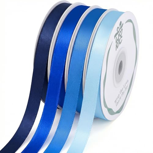 woric 120 Yards Blue Ribbon 3/8 Inch x 4 Rolls, 30 Yd/Roll, Light/Baby/Navy/Royal Blue Satin Ribbon for Graduation Leis Baby Bridal Shower Gift Wrapping