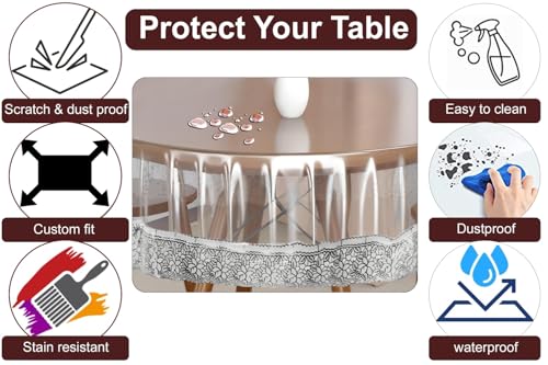 Image of The Furnishing Tree Round Shaped 4 Seater Transparent Table Cover Size 54x54 inches 0.25 mm Thickness with Silver Lace