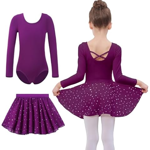 MERIABNY Girls Leotard for Ballet Long Sleeve Dance Leotards With Removeable Skirt Size 8-10 Purple Ballet Outfits With Crisscrossed Back Cover