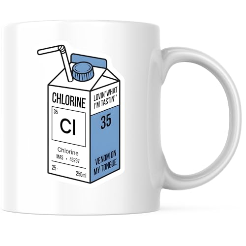 Bliss Monkey Co. Chlorine Milk Carton Coffee Mug - Sarcastic Dark Humor Chemistry Mug - Edgy Science Element 11 Ounce Cup - Premium Quality Ceramic - Design Printed On Both Sides - BMCM35660
