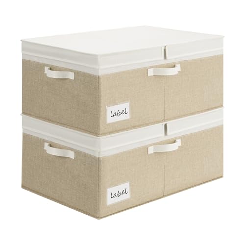 GRANNY SAYS Cajas Organizadoras con Tapa, Paquete de 2 Cajas de Almacenamiento para Estantes, Cajas de Tela Almacenaje Ropa Armario, Cajas Almacenaje con Tapa Blanco y Caqui