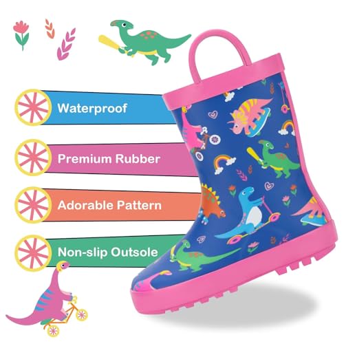 Toddler Rain Boots Kids Waterproof Rubber Boots for Boys and Girls with Handles in Fun Pattern2