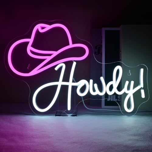Image of ineonlife Cowboy Hat Neon Sign Howdy Neon Lights Pink Led Neon Signs Preppy Girls for Wall Decor Light Up Sign for Bar Beer Bedroom Living Room Beauty Girls Club Decoration Gifts