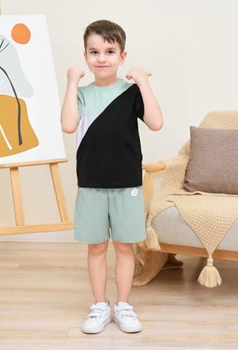 Image of Ayzozuy Boy Clothes Colorblock Top + Drawstring Waist Shorts 2 Pieces Kid Summer Outfits Set