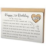 Happy 21st Birthday Wallet Insert for Son from Mom, Stainless Steel Laser-Engraved Postcard with Heart Cutout, Adult Son Birthday Gift, Sentimental Pocket Keepsake for Milestone Celebration QBK10