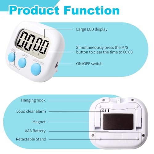 4PCS Digital Kitchen Timers Multifunctional with Magnetic Back Big Digital Numbers Loud Alarm and Versatile Countdown and Stopwatch for Cooking Homework Fitness Classroom and Office White - Image 5