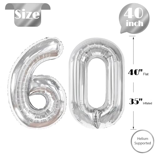 Image of Silver Number 60 Balloon 40 inch, 60 Number Balloons, 60th Silver Birthday Decorations, 60 Year Old Women Men Silver Party Supplies