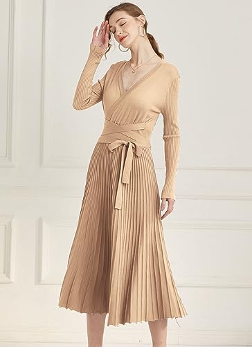 Image of Women's Long Sleeve Sweater Dress Ankle Length Fall Dress Vneck Knit Winter Dress