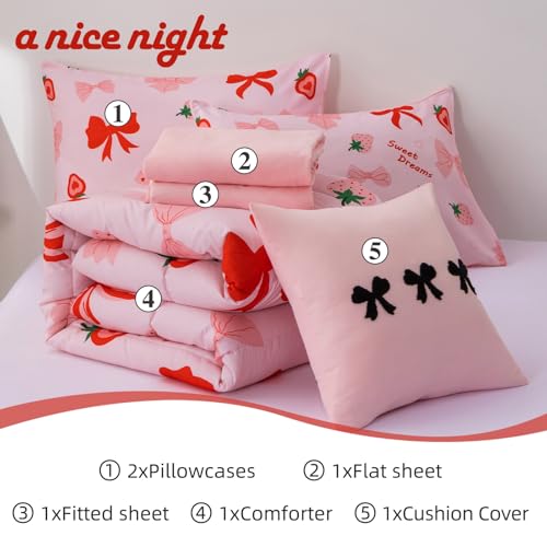 Image of A Nice Night Red Bow Comforter Set,6Pc Full Bedding Sets for Girls | Cute Ribbon Bowknot Strawberry Printe,Bed in a Bag With Sheet Sets,Light Pink Room Decor,Ultra Soft,Machine Washable