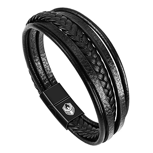 Mens Leather Bracelets, Leather Bracelets for Men Black, Handmade Braided Unisex Cuff Wrap Bracelet, Multi-Layer Magnetic Clasp Rope Wristband and Exclusive Bracelet Jewellery Box (black, 20.5)