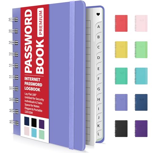 Forvencer Password Book with Individual Alphabetical Tabs, 4'x5.5' Small Password Notebook, Spiral Password Keeper, Internet Address and Password Manager, Password Logbook for Home Office, Lavender