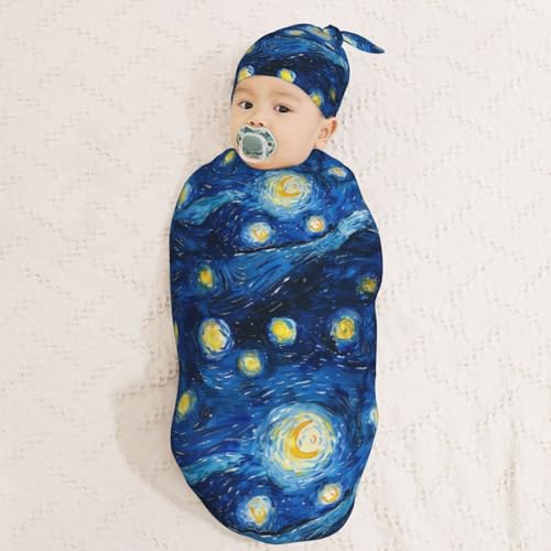 Image of Starry Sky Watercolor Painting Newborn Swaddle Blankets Hat Sets Soft Baby Receiving Blanket Swaddle Sack for Baby Shower Infant Boy Girl Gift