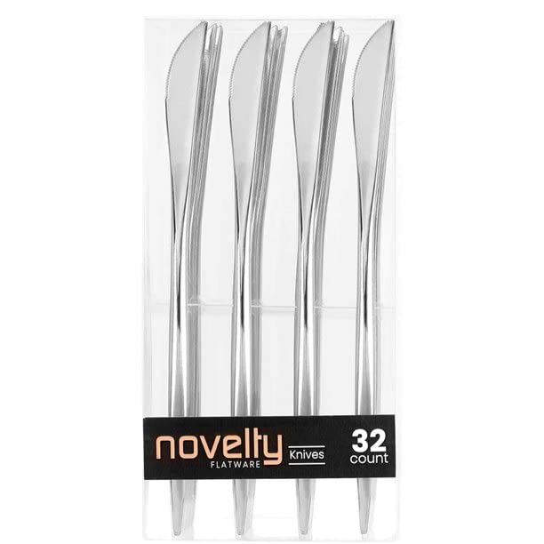 Nicole Fantini Novelty Modern Disposable Flatware, Plastic Knife Luxury Silver 64 Count Disposable Cutlery