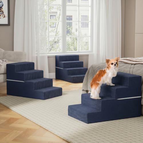 Image of YENING Large Dog Stairs for High Beds - 24 Inches Tall Extra Wide Pet Steps for Large Dogs to Get on Bed 4 Deep Step for Couch Navy Blue