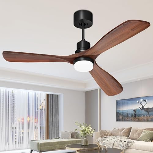 Obabala 52 Inch Ceiling Fans with Lights and Remote Control-Outdoor Ceiling Fan 3 Walnut Wood Blade for Bedroom Living Room Indoor Farmhouse Patio, Reversible Noiseless DC Motor