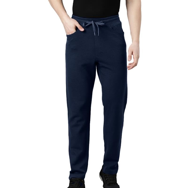 Image of F A S O Men's Cotton Track Pants - Casual Fit, Ottoman Fabric, Denim Pocket, Invisible Back Pocket, Adjustable Drawcord Waist - Gym, Workout, All-Day Comfort Lounge Joggers