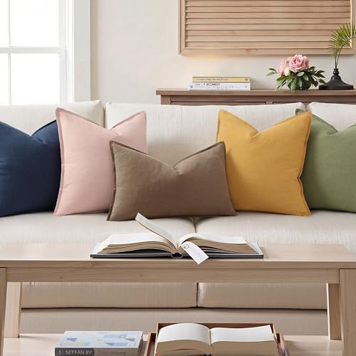 Image of decorUhome Summer Decorative Linen Throw Pillow Covers 12x20 Inch Set of 2 Light Brown Lumbar Pillow Covers with Flange Edges Soft Farmhouse Boho Accent Pillow Cases for Couch Bed Living Room