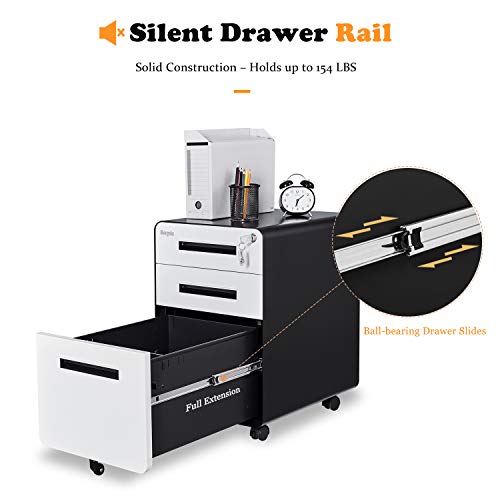 Bonnlo 23.8" H 3 Drawer Rolling File Cabinet With Lock, Black & White File Cabinet For Home Office, Mobile Under Desk File Cabinet With Pencil Tray, Metal Filing Cabinet Printer Stand Fully Assembled #TOP2