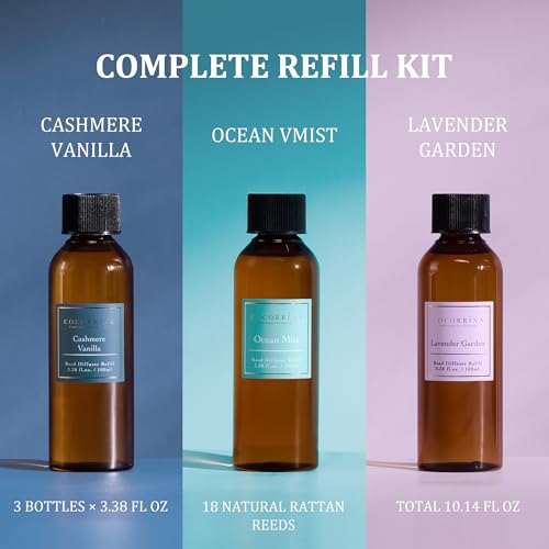 Image of COCORRINA Reed Diffuser Refill Set, 10.2oz Scented Oil Refill 3 Pack, Cashmere Vanilla, Ocean Mist, Lavender Garden, Long Lasting Oil Diffuser Refill with 18 Sticks for Bathroom & Bedroom