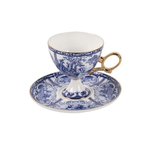 RUOXIUKHBZPS Bone China Tea Cup and Saucer Set, Tazas de café vintage azules y blancas for café con leche y capuchino